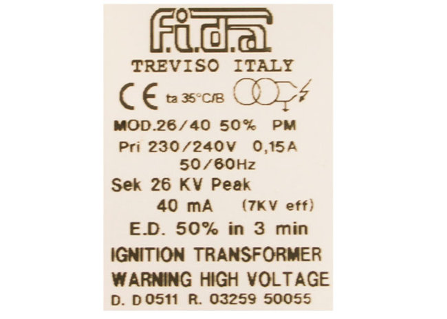 Трансф. поджига газ FIDA 26/40 50% PM Prim. 230В/0.15A/50Гц, Sec. 26кВ/40мА (WSG 20 New) арт. 5020069 (3-18-0660) в Ростове-на-Дону