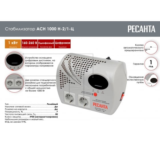 Однофазный цифровой настенный стабилизатор серии LUX РЕСАНТА АСН-1000Н2/1-Ц