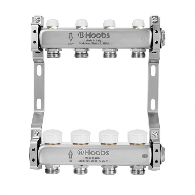 Комплект коллекторов Hoobs, нерж. ст., с термостат. клапанами, с отсечными + кронштейны, 1"х3/4"-2 вых.  в Ростове-на-Дону