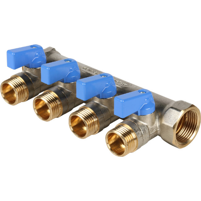 Коллектор 4 отвода с шаровыми кранами STOUT 3/4" 1/2"(синие ручки) (SMB 6201 341204) в Ростове-на-Дону Коллектор 4 отвода с шаровыми кранами STOUT 3/4" 1/2"(синие ручки) (SMB 6201 341204) в Ростове-на-Дону